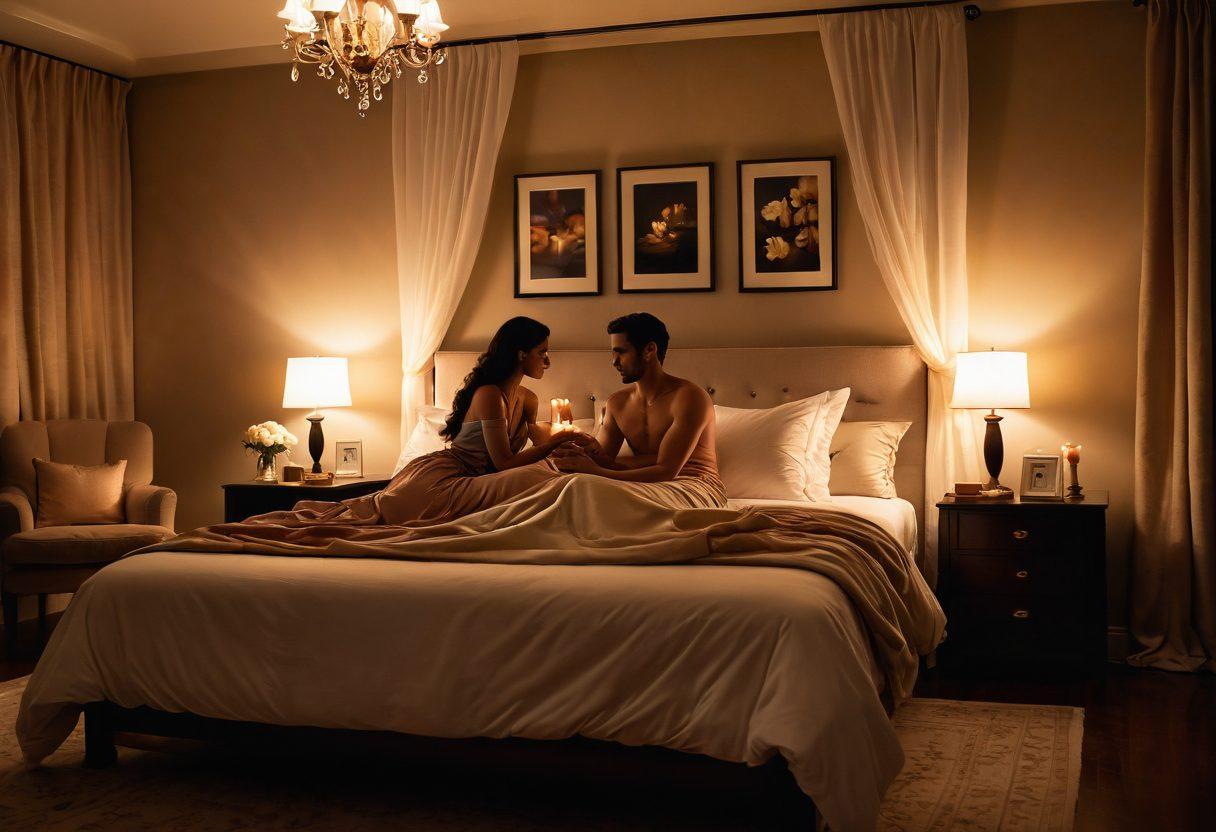 A serene yet inviting bedroom setting with soft lighting, a plush bed adorned with luxurious fabrics, and candles gently flickering. Include intimate couple silhouettes enjoying a warm embrace, surrounded by elegant decor that suggests sensuality and comfort. In the background, tasteful art that celebrates intimacy can be seen, enhancing the atmosphere. super-realistic. warm colors. soft focus.