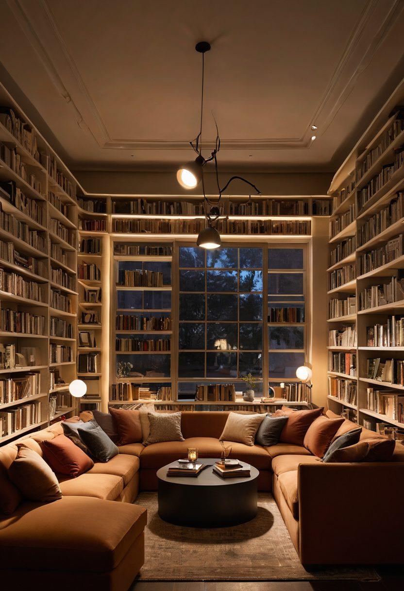A sophisticated library filled with books on adult education and pleasure, representing the fusion of knowledge and sensuality. In the foreground, a well-lit reading nook adorned with plush cushions and soft lighting, creating an inviting atmosphere. Playful silhouettes of diverse couples engaged in various activities symbolize joy and connection. The overall mood is warm and inviting, celebrating maturity and exploration. super-realistic. warm tones. elegant composition.