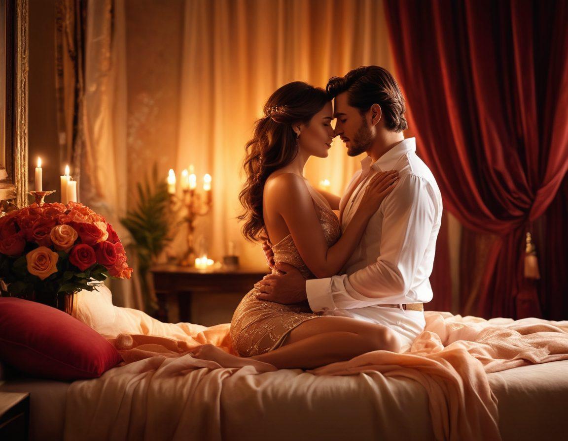 A captivating evening scene showing a couple entwined in a passionate embrace, surrounded by soft candlelight and luxurious fabrics, embodying the transition from seduction to sensuality. Include elements like flowing wine, a decadent dessert, and a backdrop of a plush, intimate setting with warm tones. The image should exude an inviting, romantic atmosphere, emphasizing emotional connection and desire. super-realistic. vibrant colors. intimate ambiance.